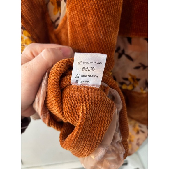Adore Women Burnt Orange Corduroy Floral Mesh Cowl Neck Poncho Top Small Boho - Picture 7 of 8